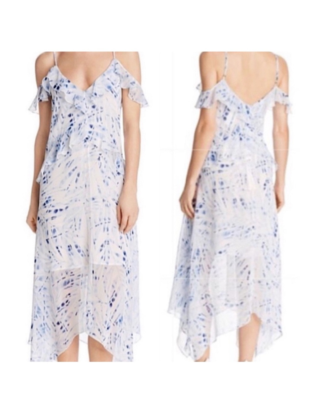 BCBGMaxAzria Cold Shoulder Blue and White Leaf-Print High-Low Midi Dress M Lissa